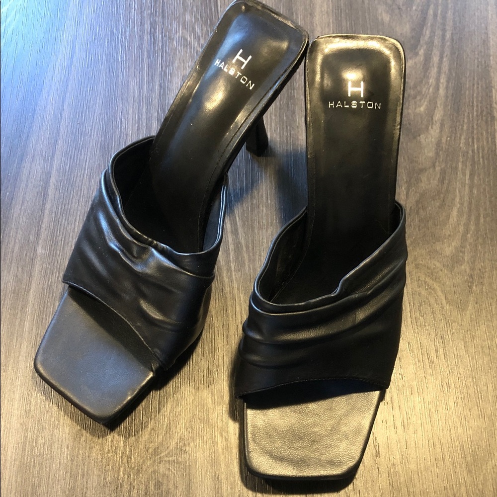 Halston Heritage Black Ruched Leather Square-Toe Mules